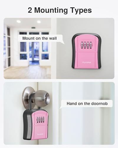 Puroma Key Lock Box, Portable Combination Lockbox Wall-Mounted Key Storage Box for House Keys, Resettable Code Safe Security Lock Box for Home, Office, Apartment Spare Key Storage (1 Pack, Pink)