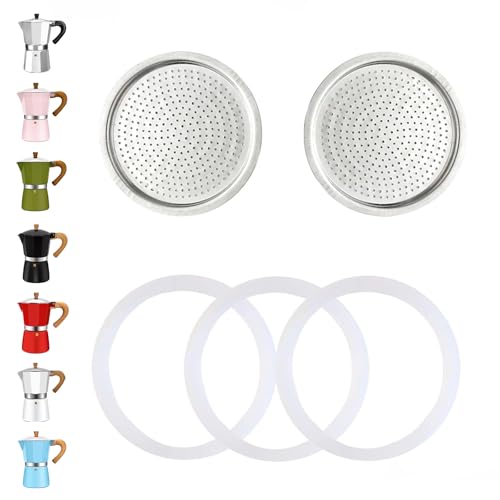 Image of 2 Pcs Filter with 3 Pcs Silicone Gasket Seals for 12 Cup 14 Cup Stovetop Espresso Coffee Maker Replacement Parts Aluminium Moka Pot