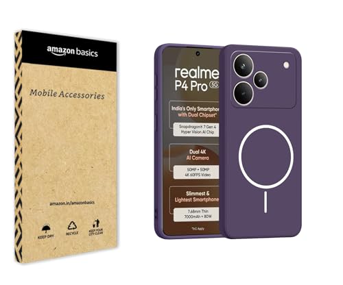 Image of amazon basics Back Cover for Realme P4 Pro 5G | Ultra Slim Soft Rubberised Case | Magsafe Logo Printed (Not Magsafe Compatible) | Camera Protection - Purple