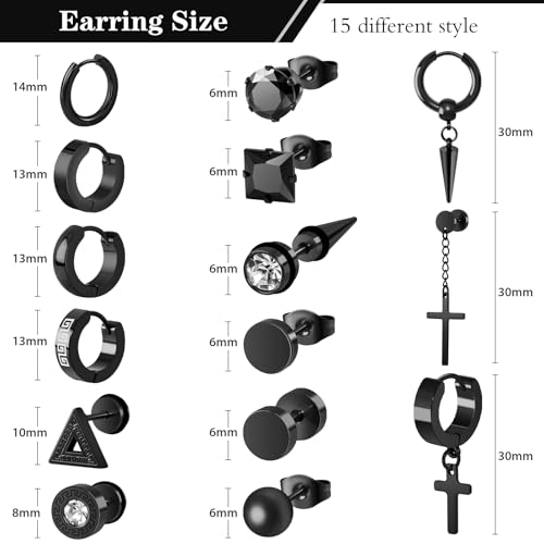 Black Earrings for Men, 15 Pairs Stainless Steel Men Earrings Set Hypoallergenic Cross Dangle Hoop Stud Earrings Piercing Jewelry2