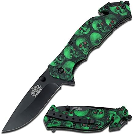 Master USA – Spring Assisted Folding Knife – Black Stainless Steel Blade, Green Skull Camo Coated Nylon Fiber Handle w/ Rope Cutter, Glass Punch, Pocket Clip, Tactical, EDC, Self Defense- MU-A001GNSC