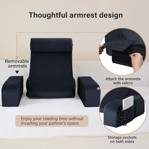ENITYA Back Pillow for Bed Sitting up, 19\" Reading Pillow for Sitting in Bed Adult, Back Support Pillow with Arms for Watching TV/Reading/Gaming/Resting, Medium(Black)