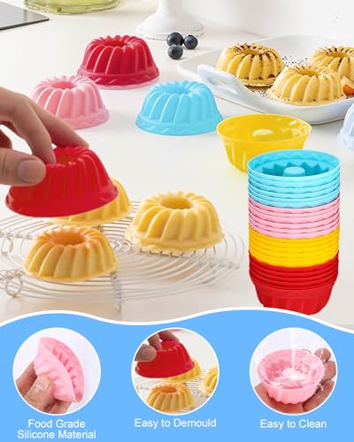 Xaosin Mini Gugelhupfform Silikon 24 Stück Mit 2 Spateln - Wiederverwendbare Muffinförmchen BPA-Frei - Klein Backformen 6,5 x 2,8 cm 4 Farben