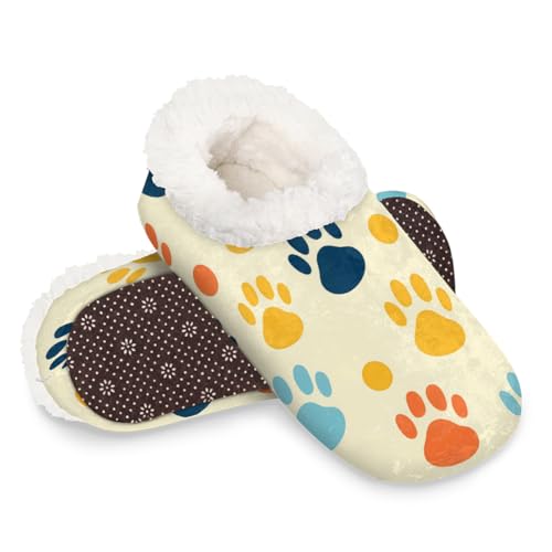 House Slippers for Women Men, Colorful Cat Dog Paw Print Soft Fuzzy House Shoes Home Slipper2