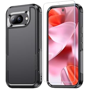 for Google Pixel 9A Case with Screen Protector [Rugged Military Grade Anti-Drop Shockproof] [Scratch Resistant Hard Shell] Full-Body Sturdy Slim Protective Phone Cases Cover (Black/6.3 Inch)