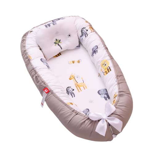 SYGA New Born Baby Nest Portable Reversible Sleeping Bed Foldable Sleeping Toddler Cotton Baby Mattress Pillow for 0-2 Years Baby, 53 X 88 CM, Grey Giraffe