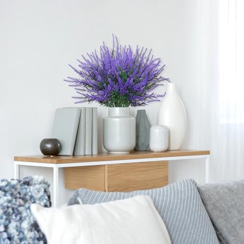 DEMIUKO 10 Bundles Artificial Lavender Fake Flowers Faux Plastic Plants UV Resistant Purple Flowers Artificial Plants for Home Wedding Table Centerpieces Indoor Outdoor Decor (Purp image 1