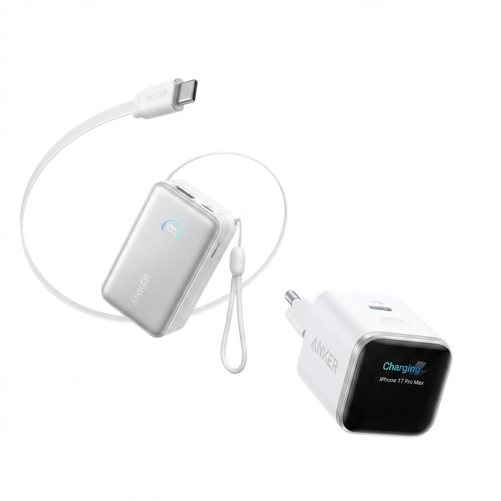 Anker Smart Ladegerät (45W USB C, mit Display) & Anker Powerbank (10.000mAh, 45W mit 70cm InstaCord Einzugskabel)
