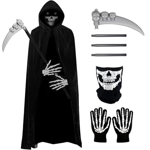 Hlisippa Grim Reaper Costume Adult Black Cloak with Skeleton Mask Skeleton Gloves Death Costume Men Velvet Hooded Cape for Halloween Cosplay