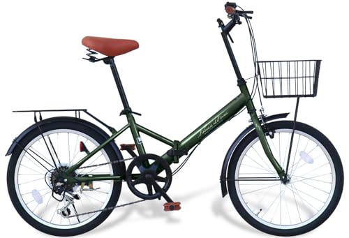 AIJYU CYCLE 折りたたみ自転車 20インチ AJ-08C シマノ6段ギア 荷台付き カゴ ワイヤー錠&フロントLEDライト プレゼント 街乗り (モスグリーン(荷台付き))