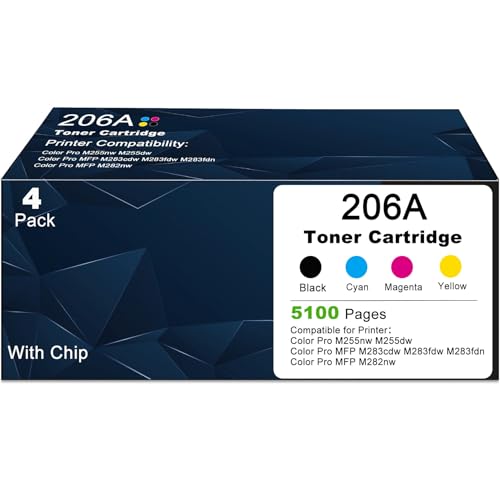 Image of 206A 206X 4 Pack Toner Cartridges Replacement for HP 206 W2110A Compatible with LaserJet Pro MFP M283fdw M283cdw M283fdn M282nw and Pro M255dw M255nw Printers (with Chip) - Black Cyan Yellow Magenta