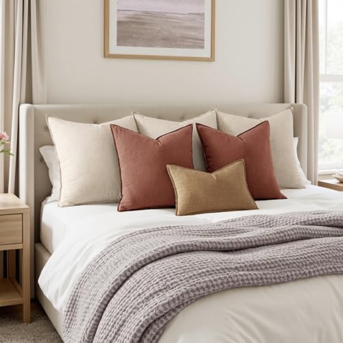 Image of MIULEE Decorative Linen Pillow Covers 20x20 Inch Rust Red Boho Farmhouse Neutral Couch Throw Pillows for Bed Pack of 2 Accent Modern Pillowcase Sofa Livingroom Home Decor