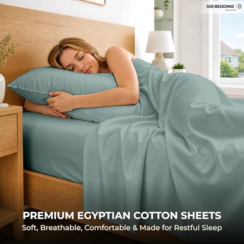 Image of SGI bedding 100% Egyptian Cotton Sheets Queen Size - 600 Thread Count Sheets Set, Soft, Cooling, 15 inch Deep Pocket, Luxury Hotel Bedding, Breathable, Durable - Aqua Green