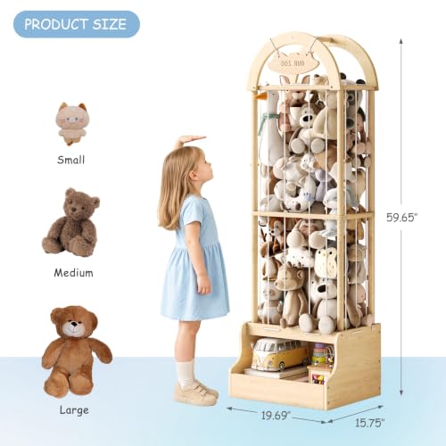 Image of Arched Stuffed Animal Storage Organizer, Wooden Stuffed Animal Zoo Holds 50+ Plush Toys, FSC Pine Wood Plush Toy Holder with Thick Elastic Cords, Open Bottom Cubby for Kids Room Nursery Playroom