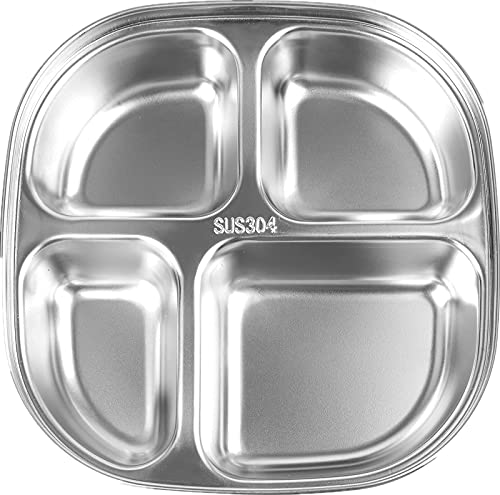 Deayou 4 Pack 18/10 Stainless Steel Divided Plate, 7.7" Small Child Plate With 4-Compartment, Portion Control Serving Platter, Mess Food Sectioned Tray For Dinner, Lunch, Cafeteria, Adults #TOP4