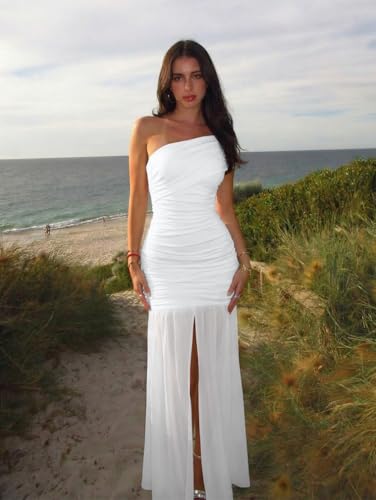 Image of LAGSHIAN Women's Elegant Formal Long Dress One Shoulder Sleeveless Ruched Bodycon Evening Dress