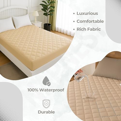 Image of Waterproof Cotton Quilted - Breathable, Hypoallergenic, Noiseless Ultra Soft Fitted Bed Cover with 3 Layers of Protection, 100% Waterproof, No-Slip Design | Beige, Single (36 * 78)