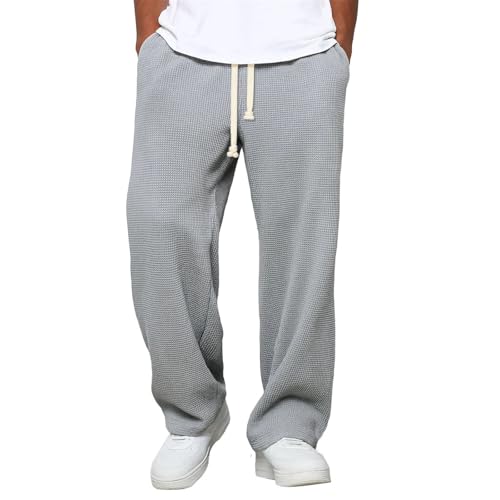 Wide Leg Sweatpants Men Waffle Elastic Waist Baggy Pants Trendy Lightweight Dance Travel Hiking Lounge Trousers with Pockets