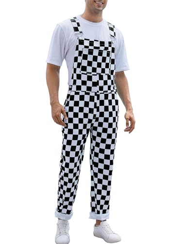 Odefou Black and White Checkered Pants Mens Overalls Bib Coveralls...