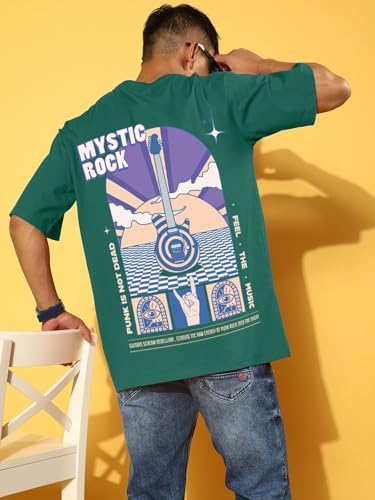 Image of Veirdo Pure Cotton Oversized Baggy Fit Drop Shoulder Stylish and Graphic Printed Round Neck Half Sleeves T-Shirt for Men (Available Color Options: Black, Green, Royal Blue, Lilac & Sky Blue)
