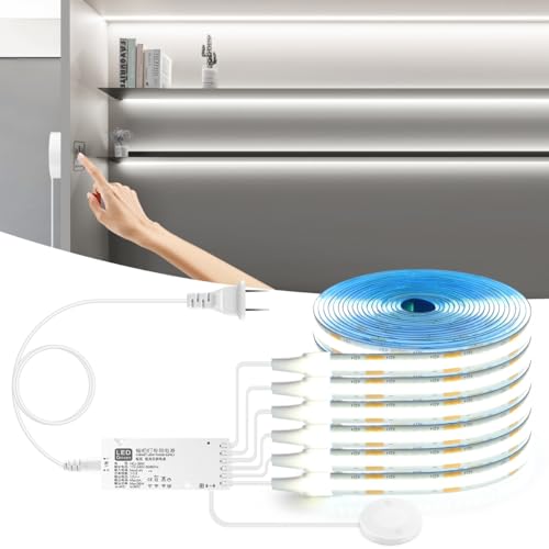 Image of Under Cabinet LED Lighting kit, 6 PCS 6500K White LED Strip Lights Penetrable Wood Touch Dimmable COB LED Strip with 60W Adapter for Kitchen Cabinet,Counter,Shelf,TV Back,Showcase