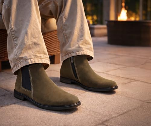 Image of Kraasa THE Ashford - Men's Stylish Vegan Leather Chelsea Boots with Side Zipper & Elastic Panel, Square Toe Ankle Boot (Tan /Black /Brown)