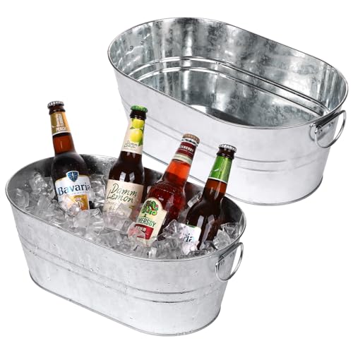Galvanized Tub Beverage Tubs, 2pcs Metal Ice Buckets for Cocktail Bar 3 Gallon Wine Beer Drink Buckets with Handles Large Tub Cooler Mimosa Bar Supplies Ice Bucket for Parties (Galvanized)