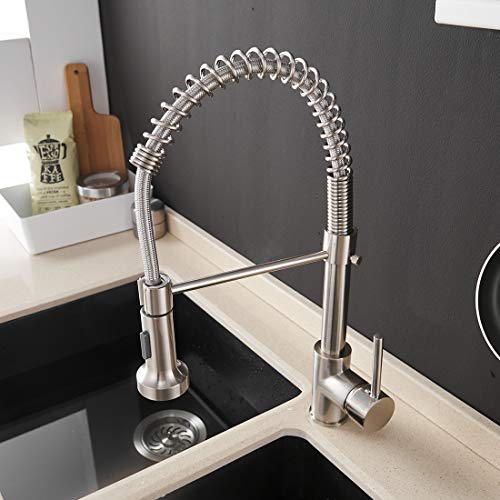 OWOFAN Kitchen Faucets Low Lead Commercial Solid Brass Single Handle Single Lever Pull Down Sprayer Spring Kitchen Sink Faucet, Brushed Nickel