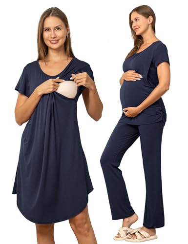Image of SUNNYBUY Women 3 PCS Maternity Nursing Nightgown Dress & Short Sleeve Breastfeeding Top & Pregnancy Pants Sleepwear Set