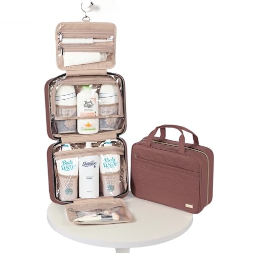 Image of NISHEL Travel Toiletry Bag for women, Portable Hanging Organizer for Family-Sized Shampoo, Conditioner, Brushes Set, Makeup Accessories, Extra Large Size, Rosewood-Pink