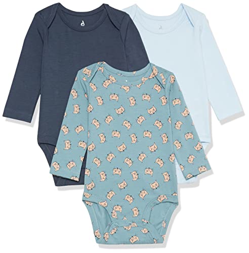 Amazon Essentials Unisex Babies' Cotton Stretch Jersey Long Sleeve Bodysuit (Previously Amazon Aware), Pack of 3, Light Blue/Navy/Fox Print, 0-3 Months
