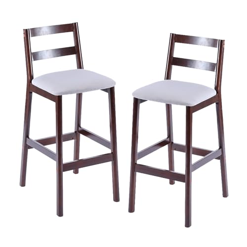 Juego de 2 taburetes de bar de altura de mostrador, respaldo de madera maciza, diseño sin brazos con cojín de piel sintética y reposapiés, ideal para isla de cocina y cafetería