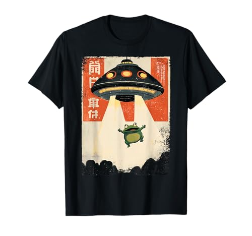 Funny Vintage Japanese Frog Abdication UFO Alien Graphic T-Shirt