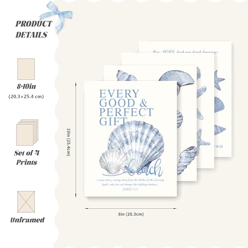 Image of LARTSFRO Beach Ocean Blue Christian Bible Wall Art Decor Posters, Coquette Shells Christian Room Bathroom Bedroom Dorm Wall Art Decor Aesthetic for College Teen Girls Gifts, Inspirational Bible Verses Wall Decor, 10x8 Inch Set of 4 Pcs Summer Beach Pictures (UNFRAMED)