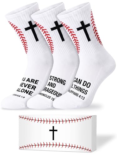 Glitopper White 3 Pair Baseball Cross Socks with Box Baseball Prayer Socks Inspirational Bible Verse Religious Faith Gift for Coach