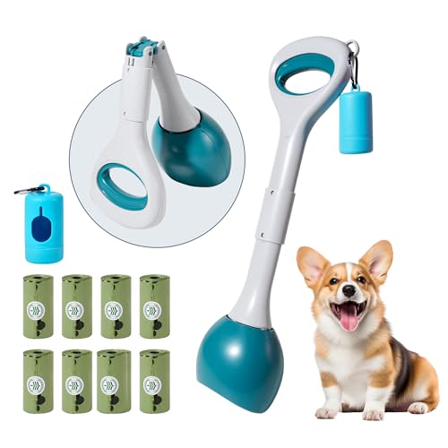 Image of Dog Pooper Scooper Portable with Bag Attachment, One Handed Foldable Design, Includes 120 Waste Bags and Dispenser, 19 Inch Handle for Grass Yard Gravel Cleanup (Green)