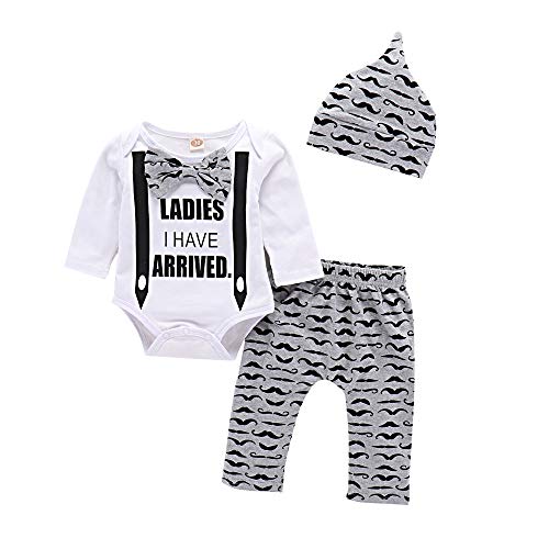 Baby Boy Clothes 0-3 Months Long Sleeve Bodysuit Tops+ Moustache Pants+ Cute Hat 3Pcs Outfits Set, Beard tie 0-3months/70cm