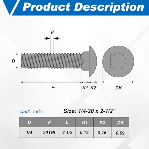 Image of Zonon Stainless Steel Carriage Bolts and Nuts Kit Round Head Square Neck Carriage Bolts Screws and Hex Nuts and Flat Washers, Stainless 18-8 Full Thread Coverage(1 /4-20 x 2-1 /2 inch,Silver,100 Sets)