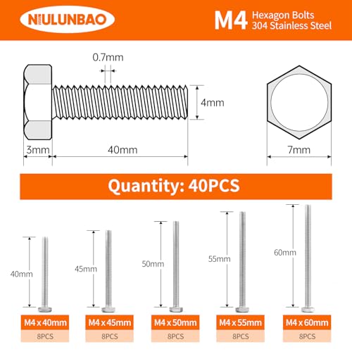 Image of M4 x 40mm 45mm 50mm 55mm 60mm Heavy Duty Hexagon Bolts Hex Head Screws, 304 Stainless Steel, Metric Machine Fully Threaded, Bright Finish, Assortment Kit 40PCS