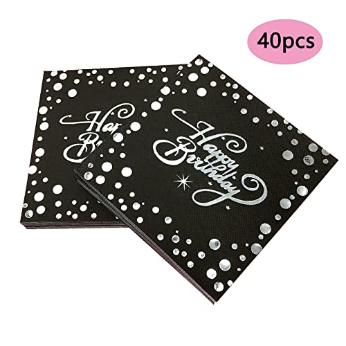 40Pcs Birthday Napkin Black With Silver Foil Napkin Disposable Cocktail Napkin Wedding Shower Engagement Party Anniversary Napkin Birthday Party Napkin For Adults And Children #TOP4
