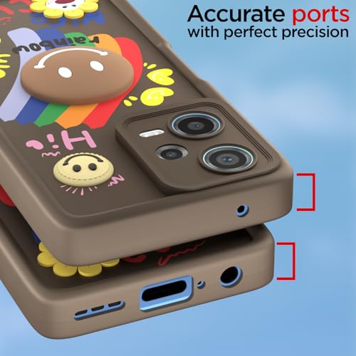 Image of Pikkme Back Cover for Redmi Note 12 Pro 5G | Soft Silicone| Cute Rainbow Smile & 3D Cartoon Flower Design | Shockproof Raised Camera Protection Bumper Case (Brown)