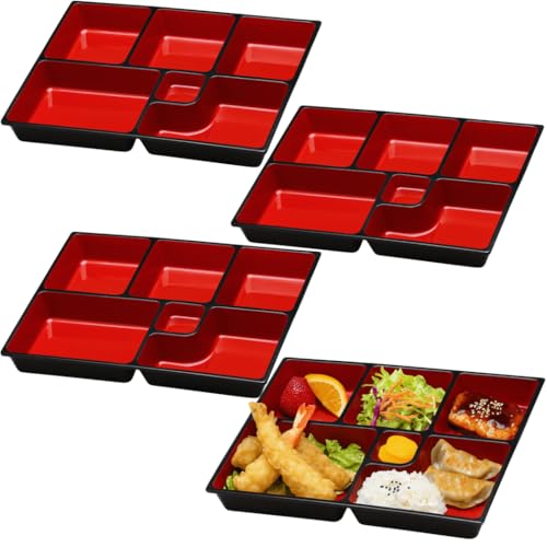 JapanBargain, Lunch Bento Box Japanese Traditional Plastic Lacquered 6 Compartments Bento Plate for Restaurant or Home, Red and Black Color, 11.75"x9.5", Made in Japan, 4 Pack
