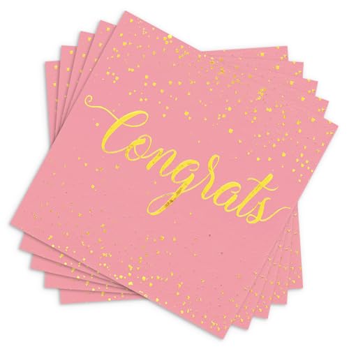 Whaline 80Pcs Congratulation Cocktail Napkin Pink Gold Foil Congrats Disposable Paper Napkin Graduation Drink Beverage Napkins for Grad Party Table Supplies Decor