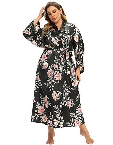 Image of Women's Floral Long Satin Robes Plus Size Long Silk Robes Peacock Floral Kimonos Sleepwear Dressing Gown