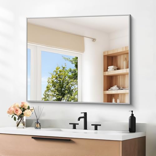 Image of DESBING 30 inch x 30 inchBathroom Mirror, Silver Rectangle Corner Wall Mirror with Metal Frame, Decorative Rectangular Vanity Mirror for Bedroom Bathroom Living Room Entryway (Horizontal /Vertical)