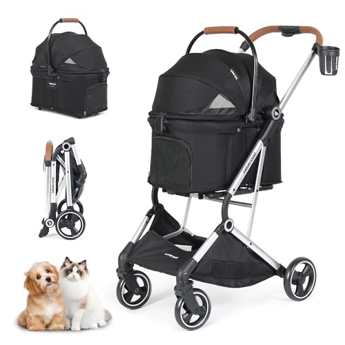 Beberoad Pets T3 Pro Pet Stroller 3 in 1 Dog Cat Stroller for Small Medium Dogs Cats, Foldable Lightweight Detachable Carrier Pet Gear Travel Dog Stroller with Frosted Frame and Upgraded Fabric Black