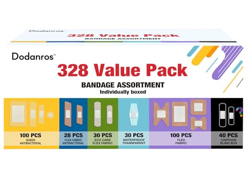 Dodanros Variety Bandages Pack,328ct Assorted Bulk Various Sizes, Shapes &Features | Sheer & Flex Fabric with Benzalkonium, ECO Bamboo Fabric, Waterproof, Cartoon Blind Box Fragrance Bandages