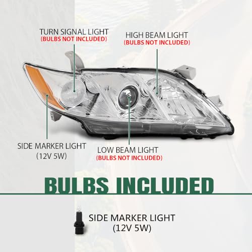 Image of GRAND ORANGE Headlight Assembly Front Headlamp Right Side Compatible with Toyota Camry 2007-2009 TO2502200 / TO2518119 / 20-6758-80 /206758801 Clear Lens Chrome Housing Amber Reflector OE Replacement