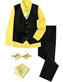 A&J DESIGN Boys Yellow Suit Formal Halloween Gentleman Outfit Wedding Tuxedo Easter Dress Shirt Vest and Pants Set Black and Yellow Size 12