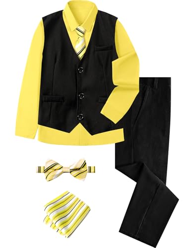 A&J DESIGN Boys Yellow Suit Formal Halloween Gentleman Outfit Wedding Tuxedo Easter Dress Shirt Vest and Pants Set Black and Yellow Size 12